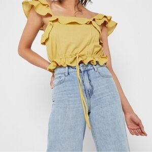 Lumiere Urban Outfitters Cotton Square Neck Yellow Ruffle Cinched Tie Top, M